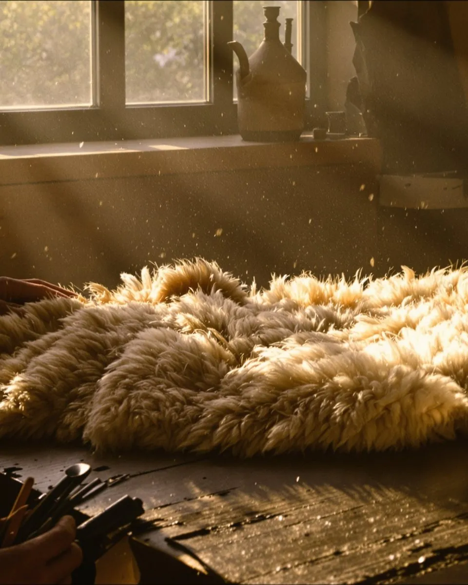 Sheepskin laid on the workshop bench in warm window light