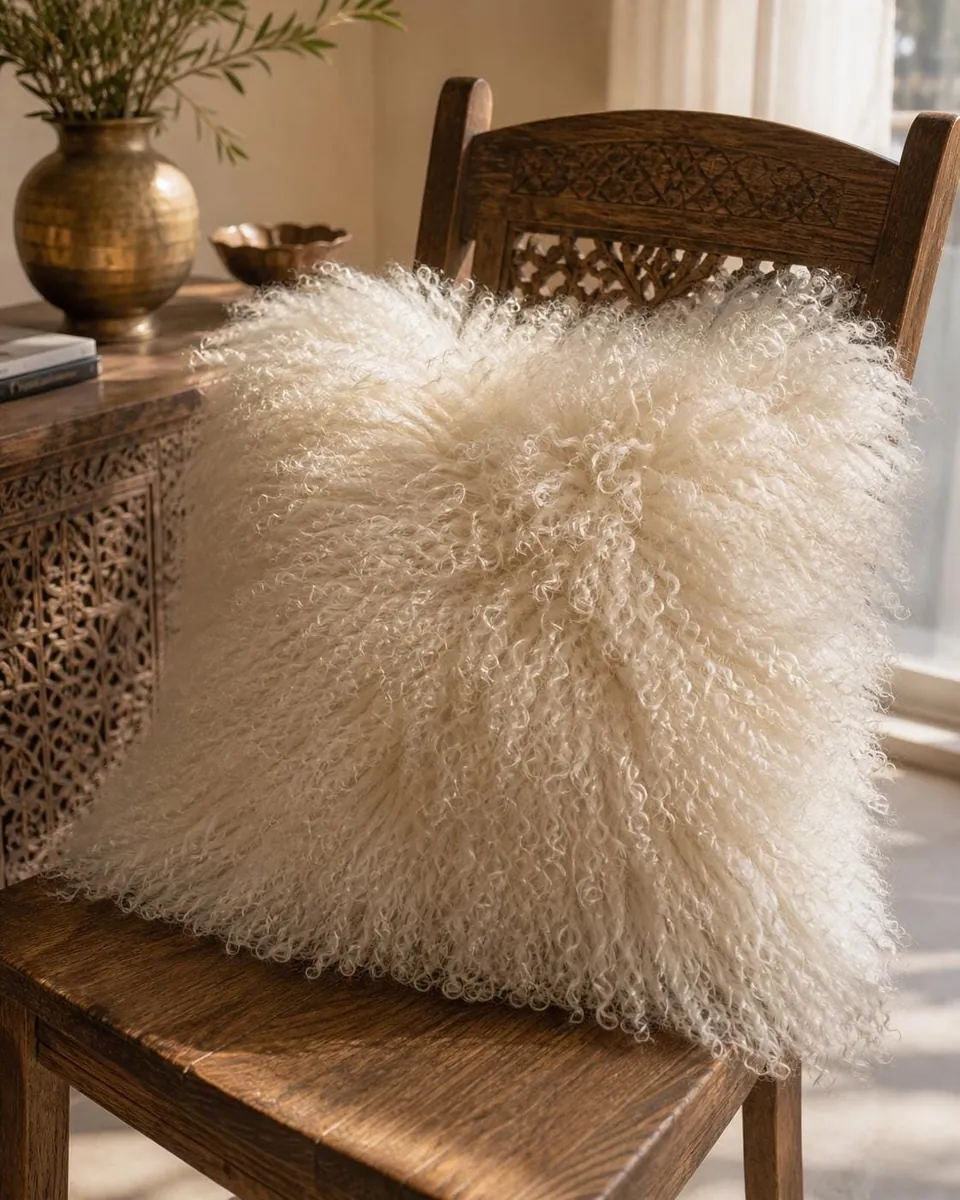 Cream Mongolian lamb fur pillow on a wooden chair