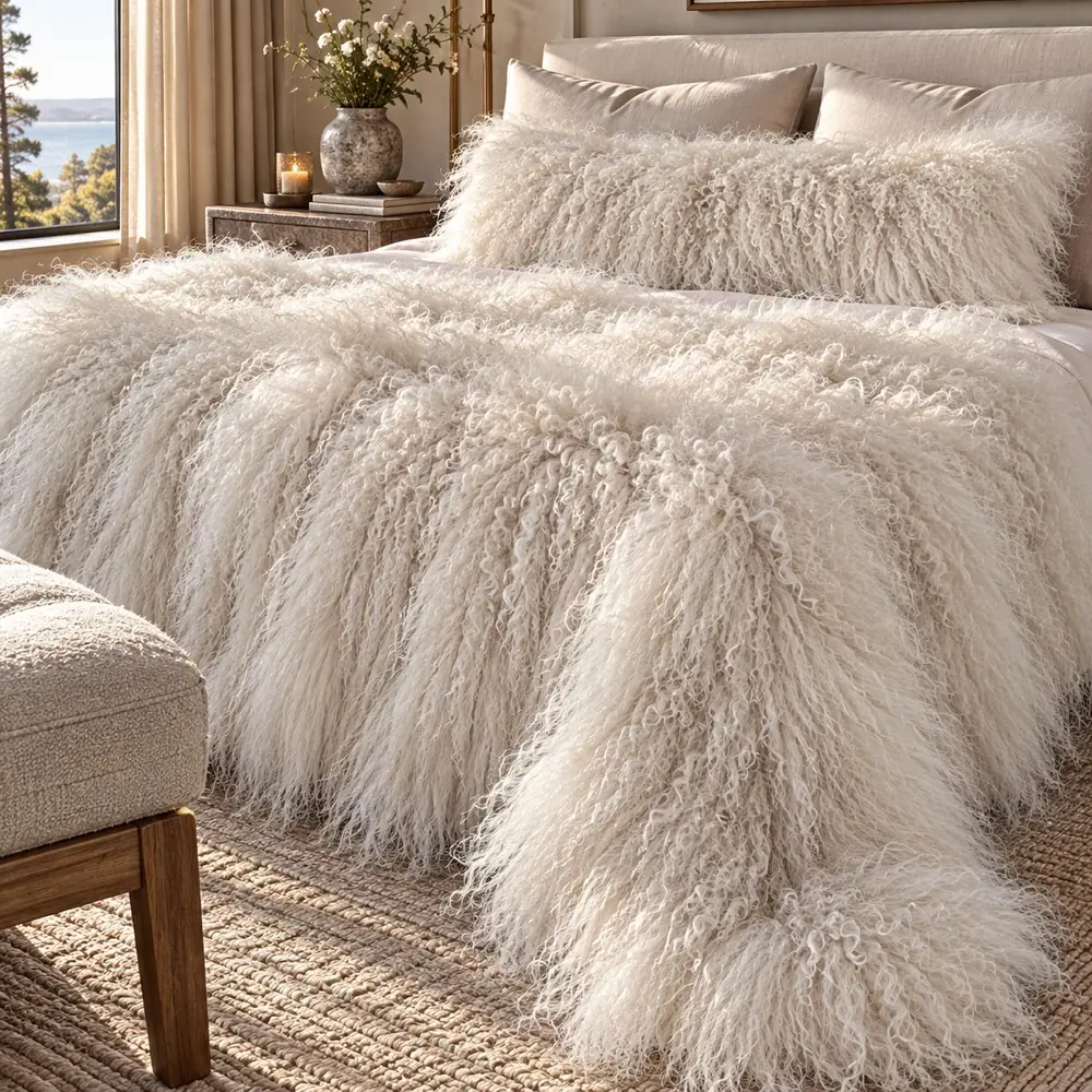 Cream Mongolian lamb fur bed runner across the foot of a bed