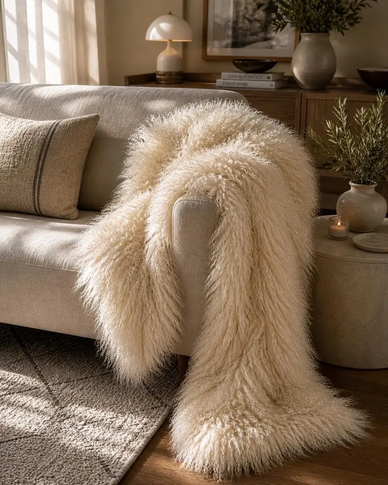 Cream Tibetan lambskin throw draped over a sofa