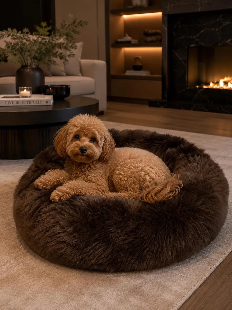 Small curly dog resting in a round brown sheepskin pet bed by a fireplace