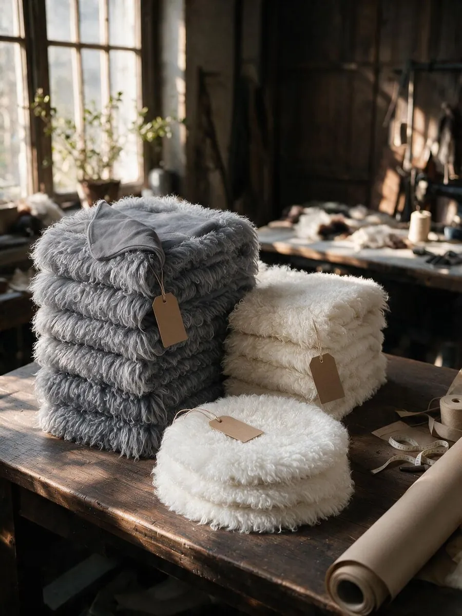 A wholesale order on the workshop bench: stacked grey Tibetan lamb throws, cream throws and Mongolian fur chair pads with kraft tags